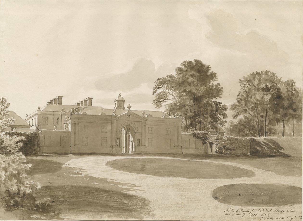 Patshull House: sepiatvätt ritning, nd [1820] av John Buckler