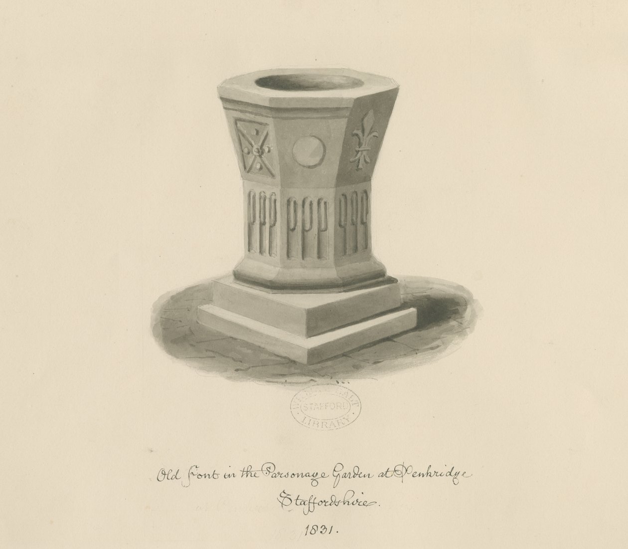 Penkridge - Font in Parsonage Garden: sepiateckning av John Buckler