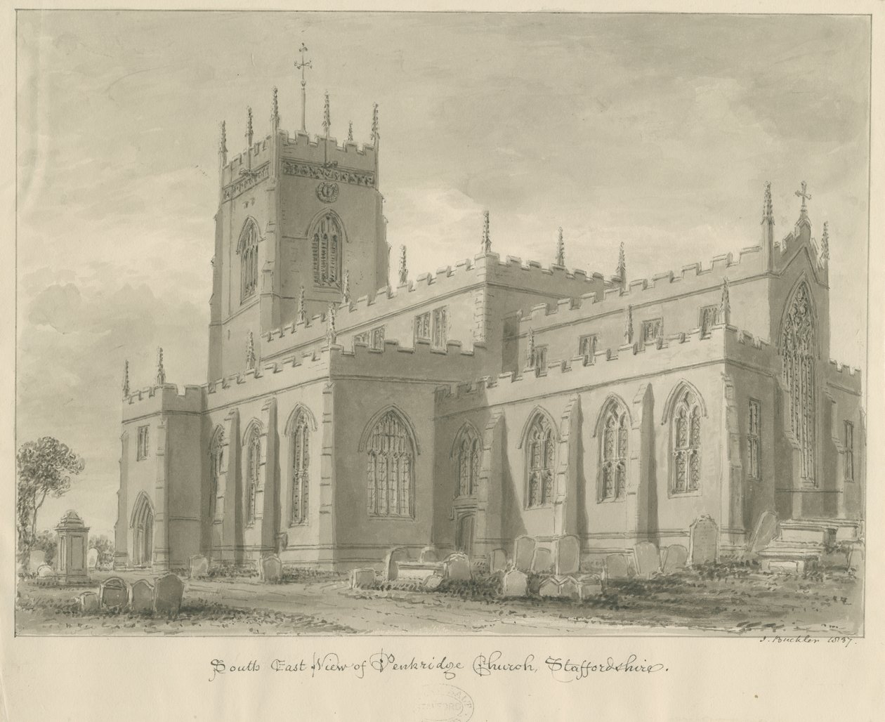 Penkridge Church: sepiateckning av John Buckler
