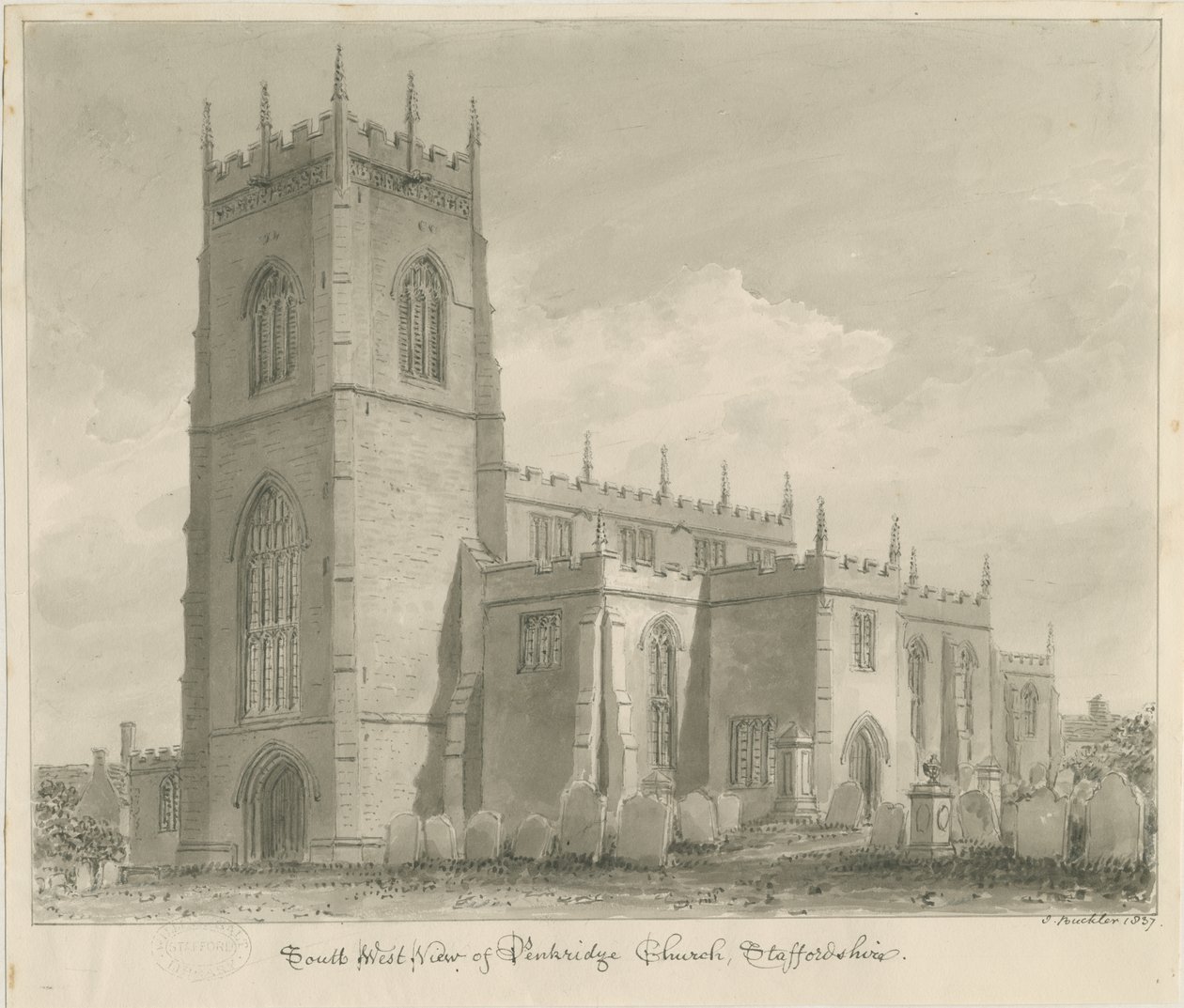 Penkridge Church: sepiateckning, 1837 av John Buckler