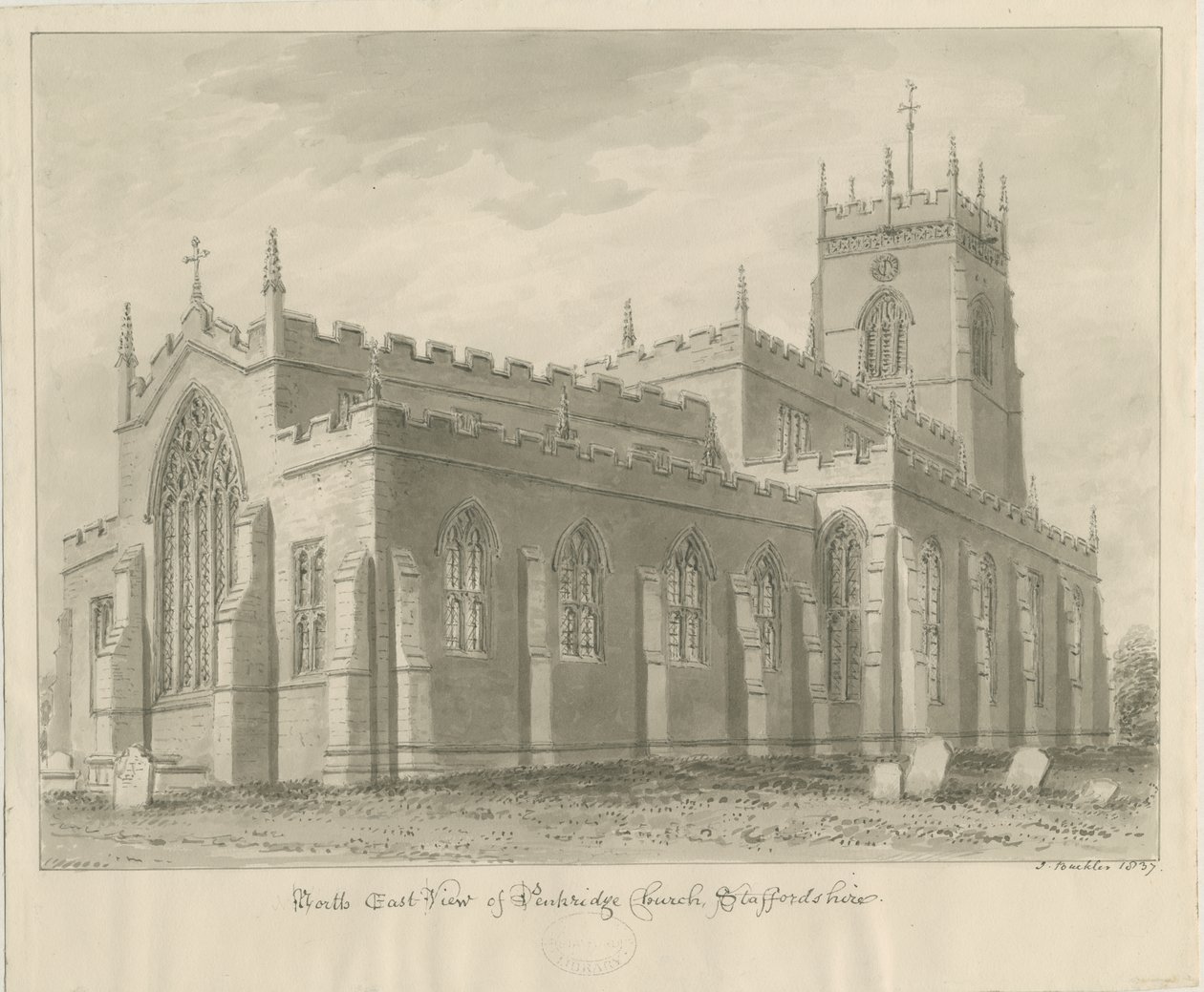 Penkridge Church: sepiateckning, 1837 av John Buckler