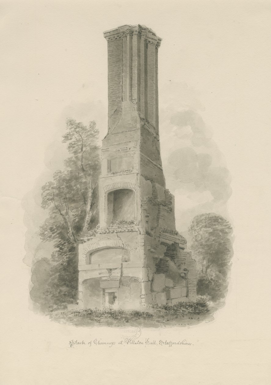 Pillaton Hall - Kitchen Chimney: sepiateckning (vinjeterad), nd [1841] (ritning) av John Buckler
