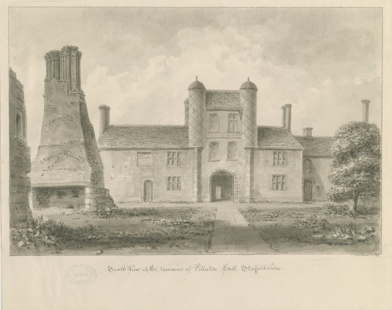 Pillaton Hall: sepiateckning av John Buckler