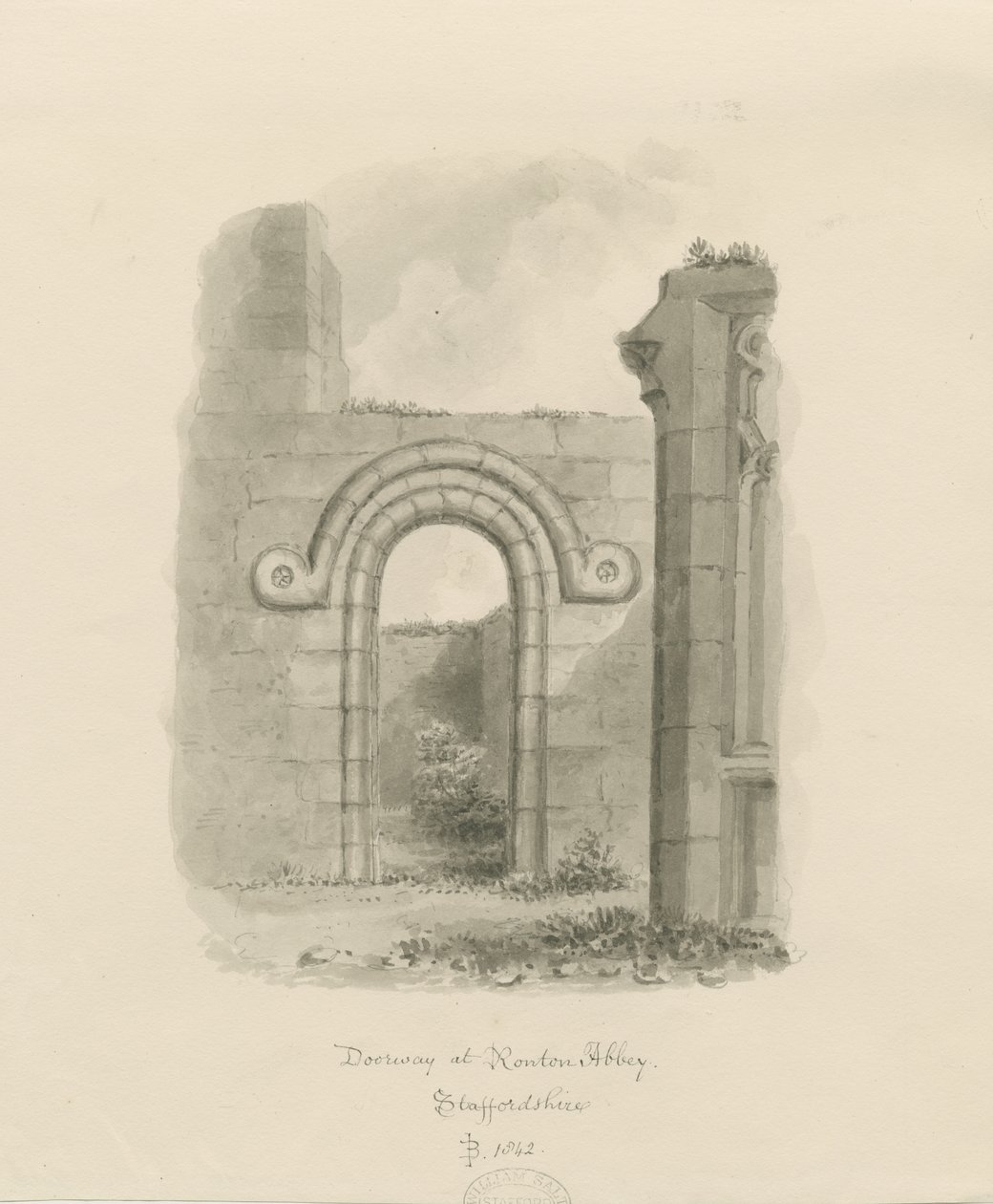 Ranton Abbey [Priory] - Rester av en dörröppning: sepiateckning av John Buckler