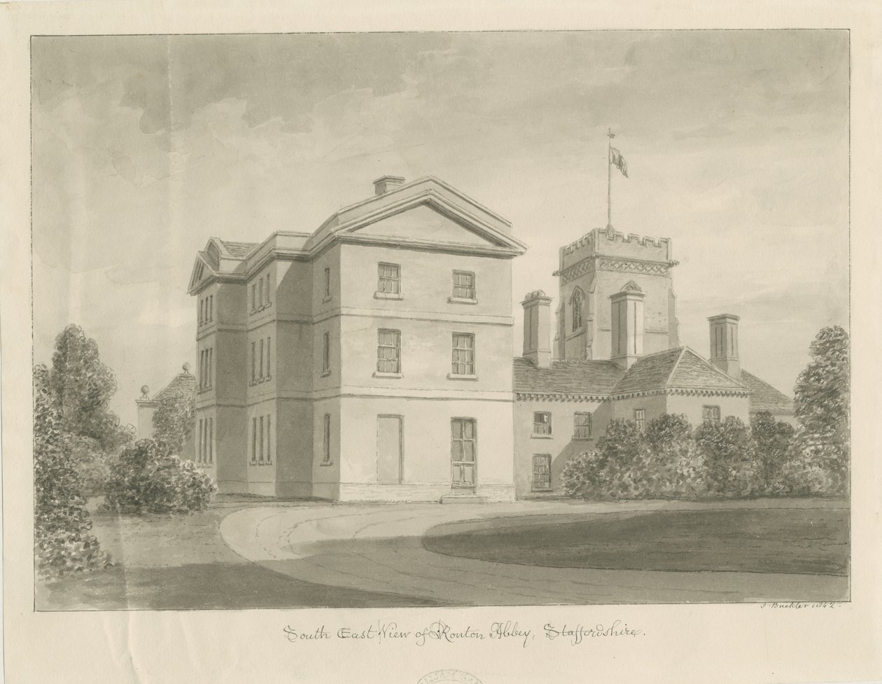 Ranton Abbey [Priory]: sepiateckning, 1842 av John Buckler