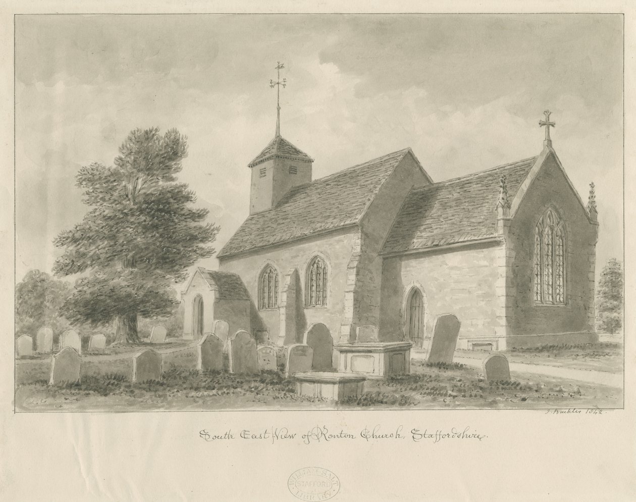 Ranton Church: sepiateckning, 1842 av John Buckler