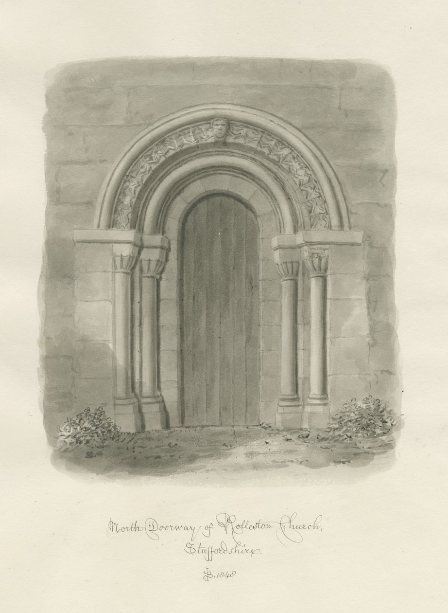 Rolleston Church - North Doorway: sepiateckning av John Buckler