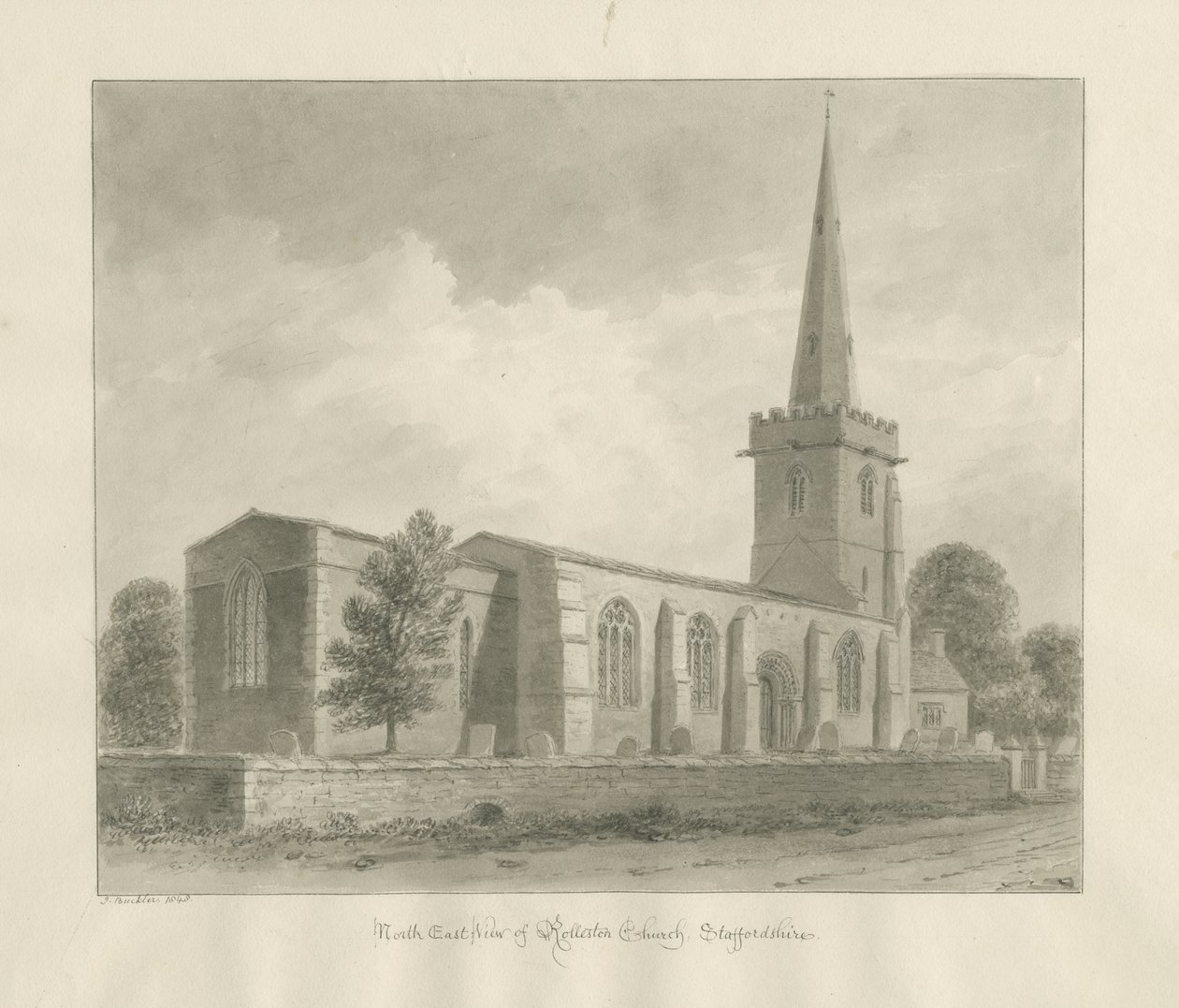 Rolleston Church: sepiateckning, 1848 av John Buckler