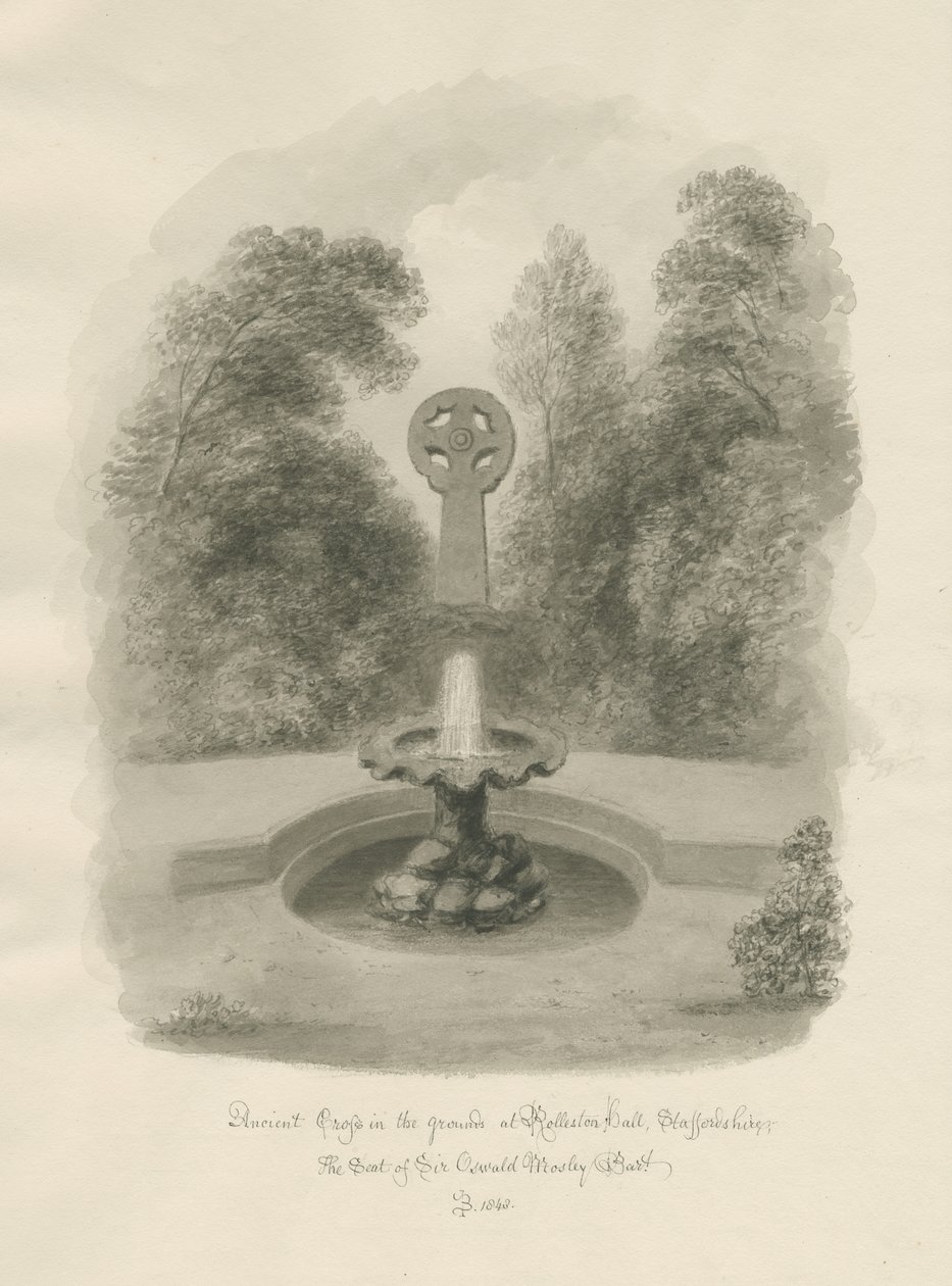 Rolleston Hall - Forntida kors: sepiateckning, 1848 av John Buckler