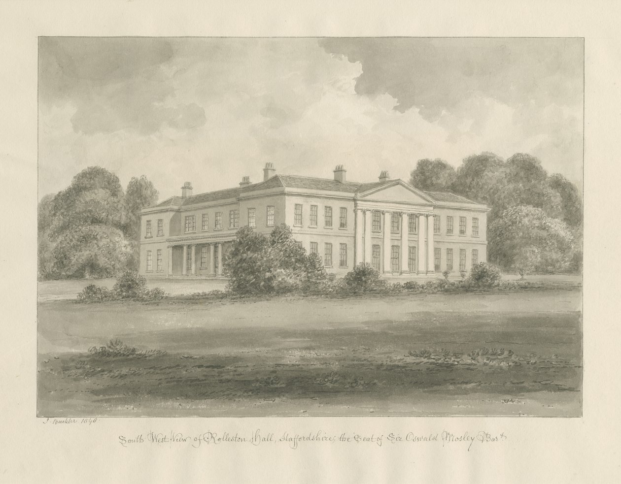 Rolleston Hall: sepiateckning av John Buckler