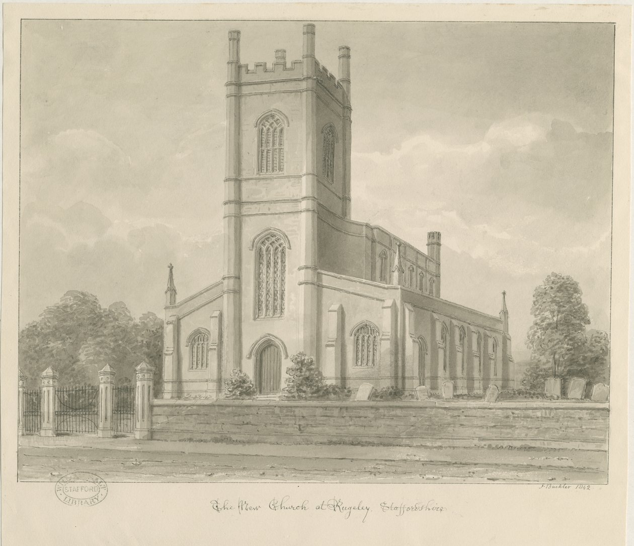 Rugeley Church (ny): sepiatvättteckning av John Buckler