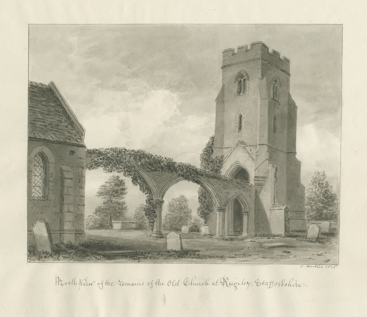 Rugeley Church (gammal): sepiateckning av John Buckler