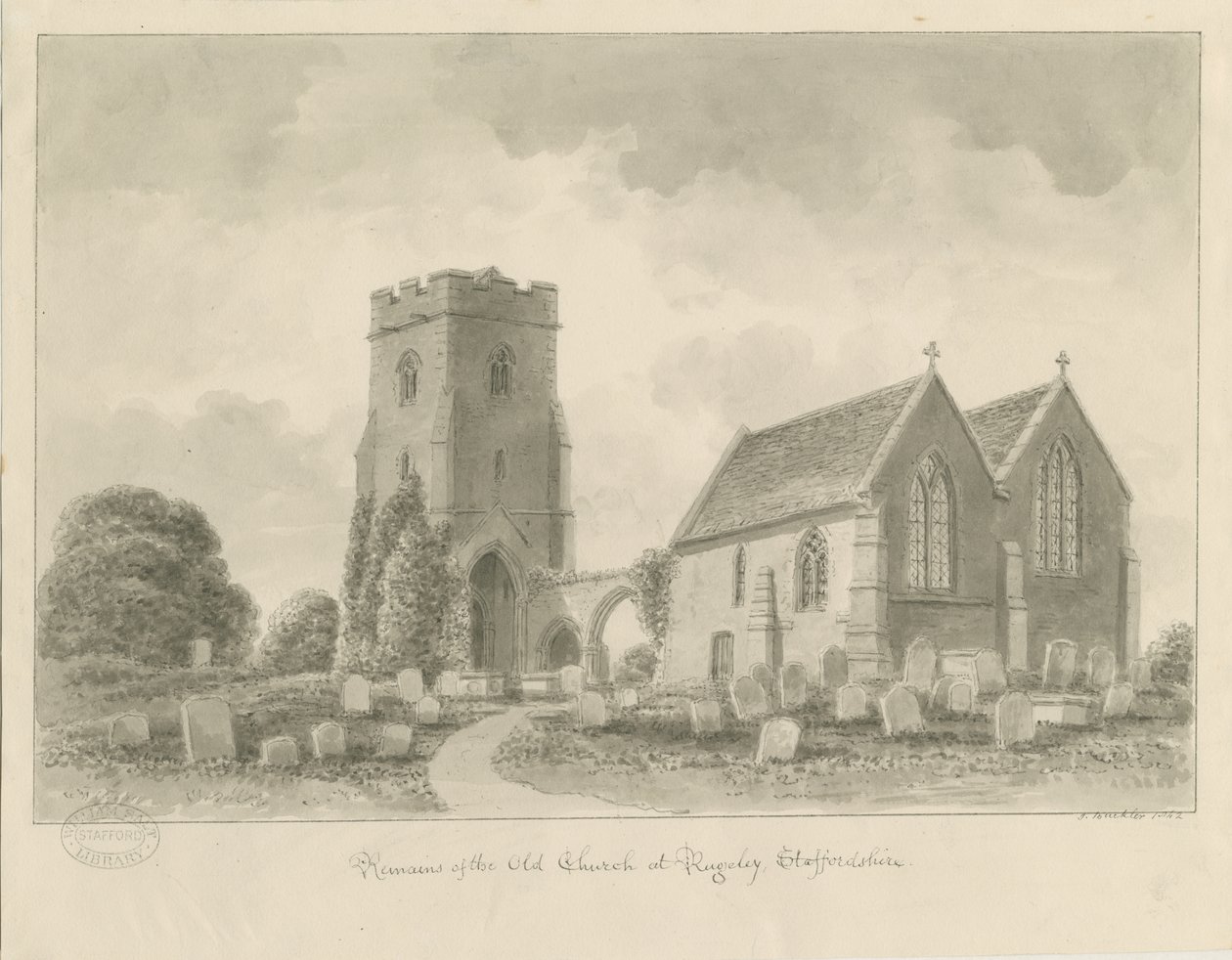 Rugeley Church (gammal): sepiateckning av John Buckler