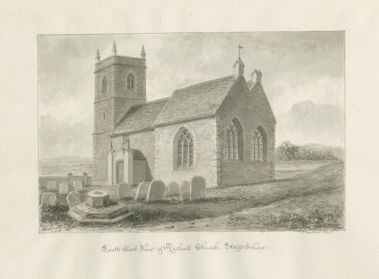 Rushall Church: sepiateckning, 1845 av John Buckler