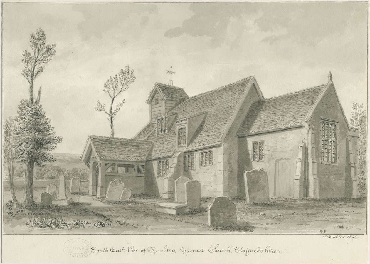 Rushton Spencer Church: sepiatvättteckning, 1844 av John Buckler