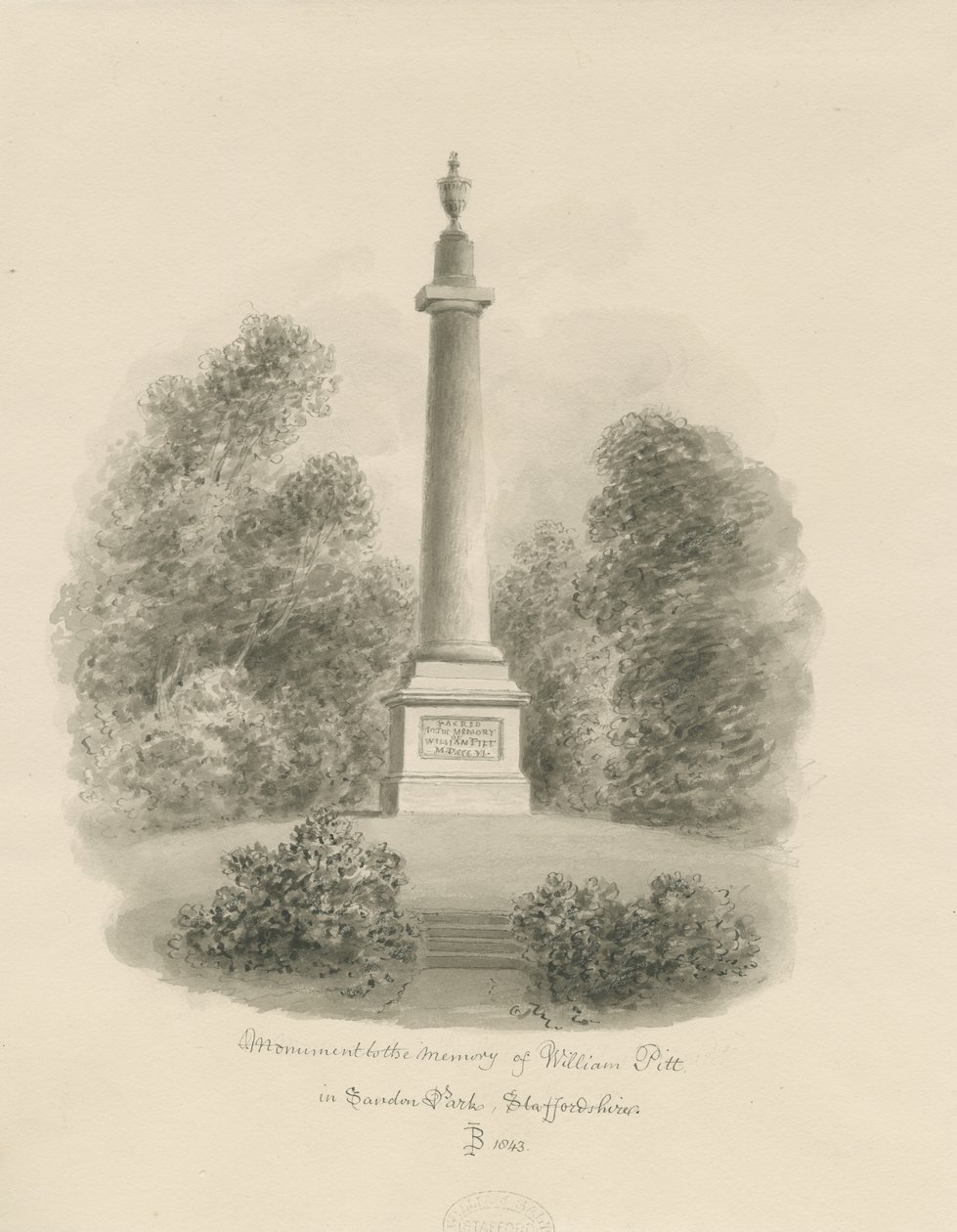 Sandon - Monument till William Pitt: sepiatvättteckning av John Buckler