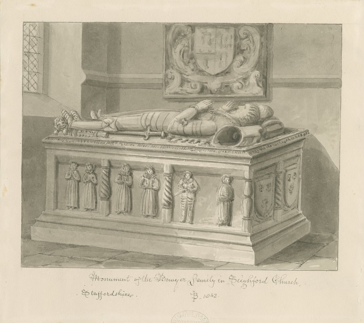 Seighford Church - Tomb of William and Mercy Bowyer: sepiatvättteckning, 1842 av John Buckler