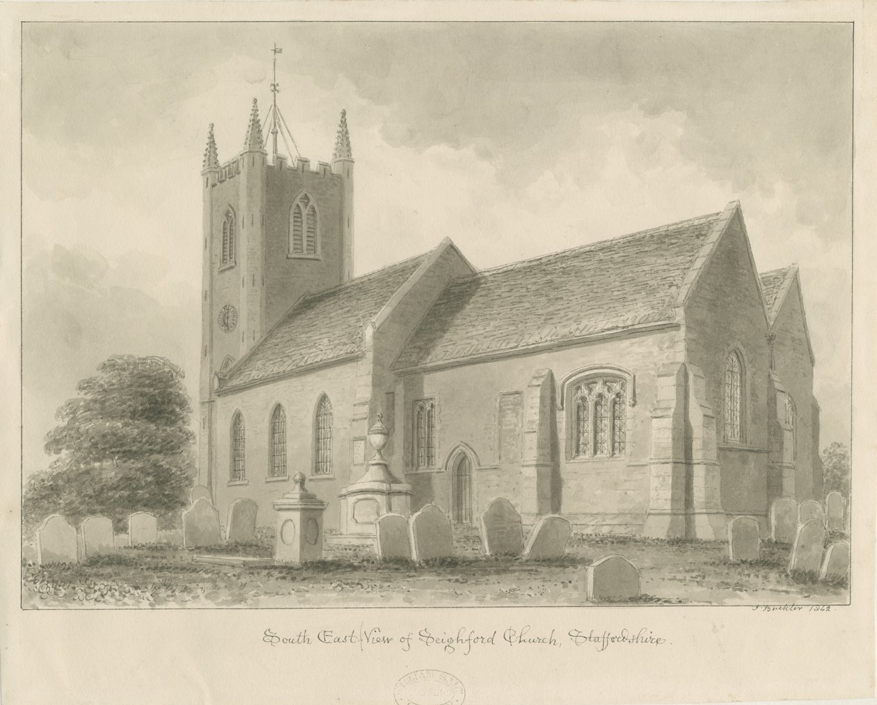 Seighford Church: sepiatvättteckning, 1842 av John Buckler