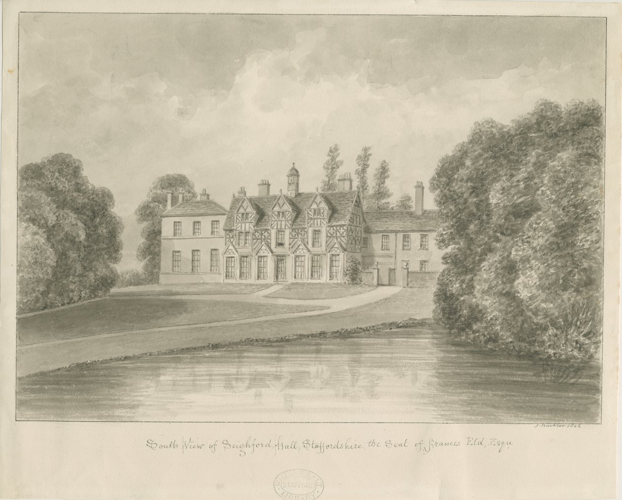 Seighford Hall: sepiateckning av John Buckler