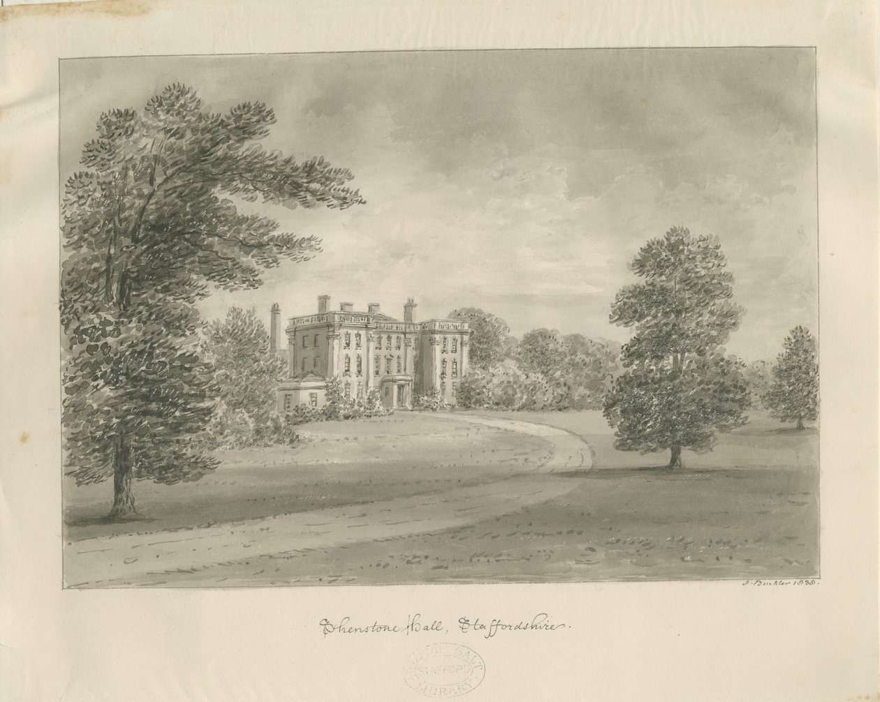 Shenstone Park - Hall: sepiateckning av John Buckler