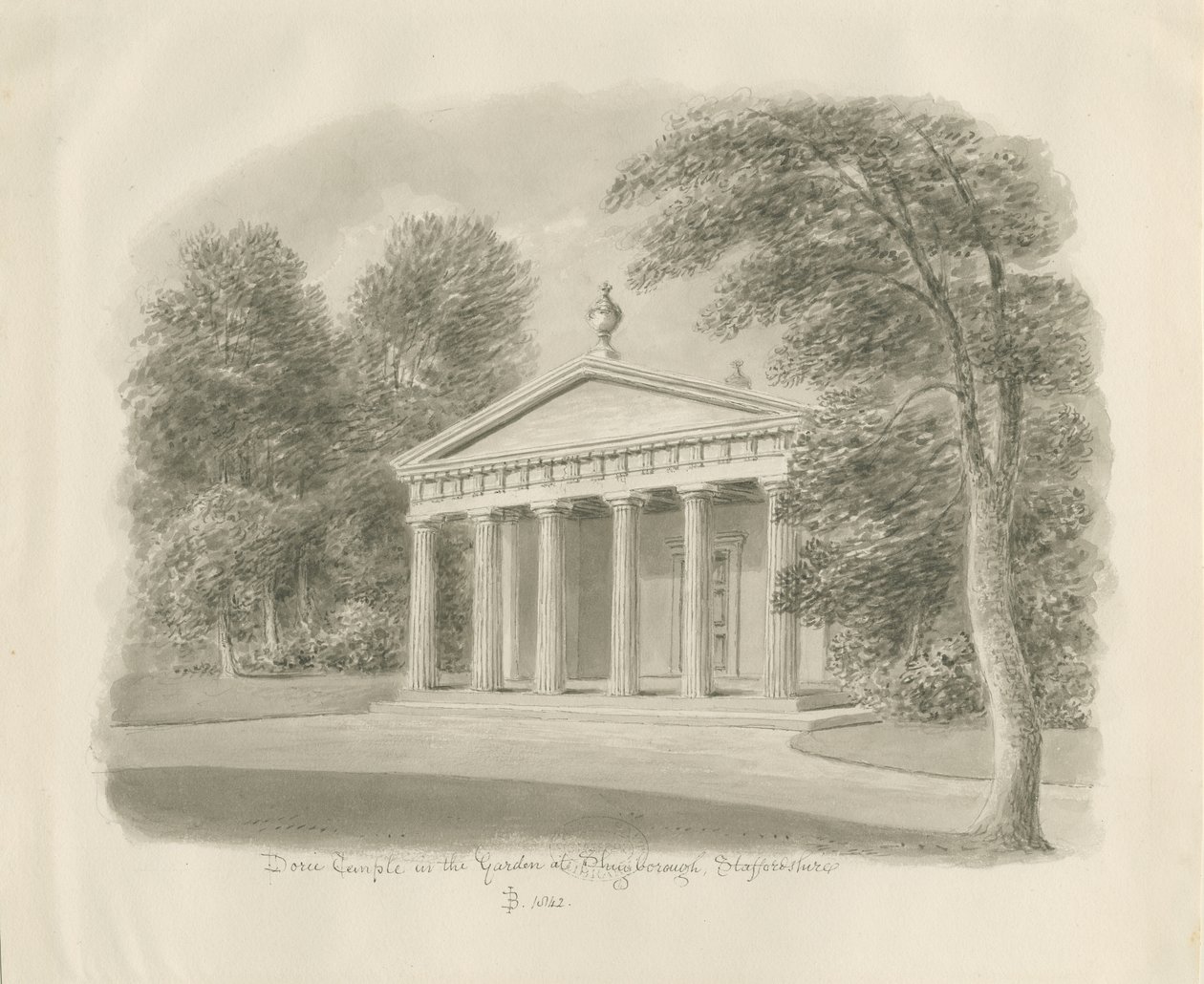 Shugborough - Doriskt tempel: sepiateckning, 1842 av John Buckler