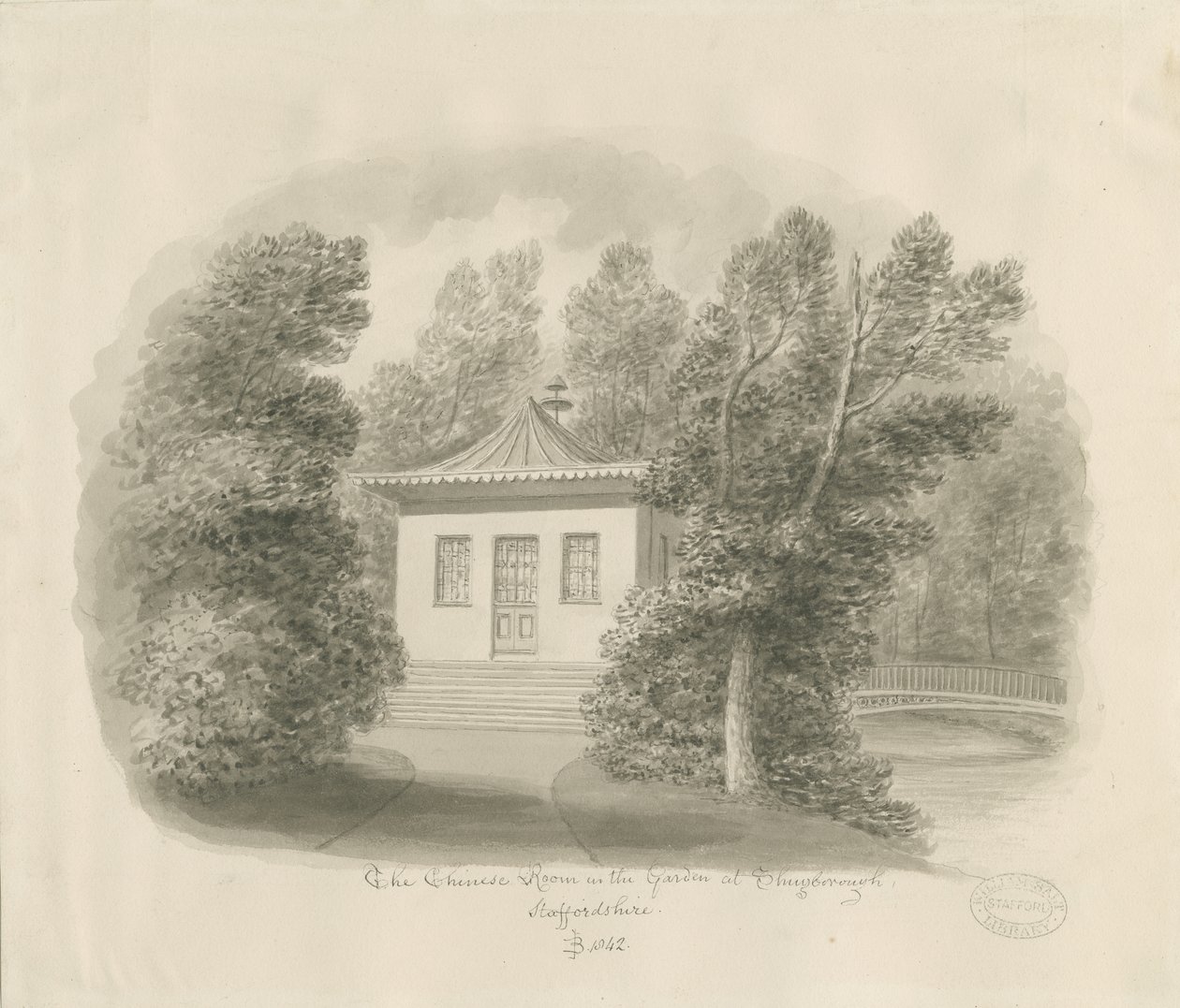 Shugborough - Det kinesiska rummet: sepiatvättteckning av John Buckler