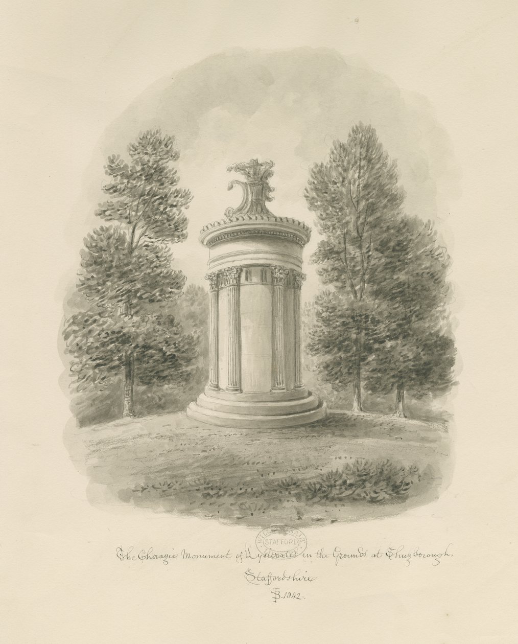 Shugborough - The Choragic Monument of Lysicrates: sepiateckning av John Buckler