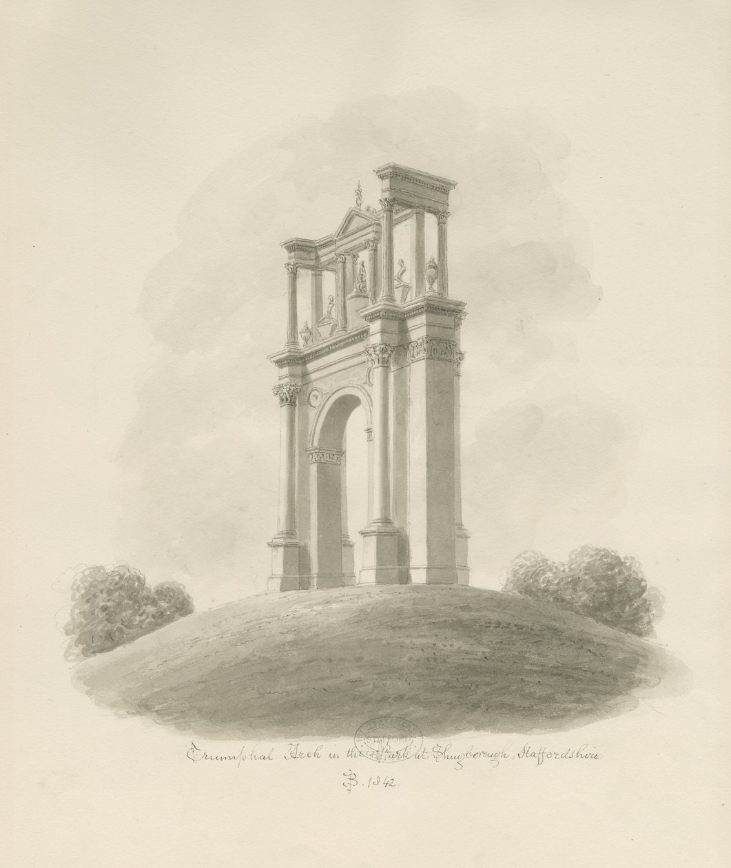 Shugborough - Triumfbåge: sepiateckning av John Buckler