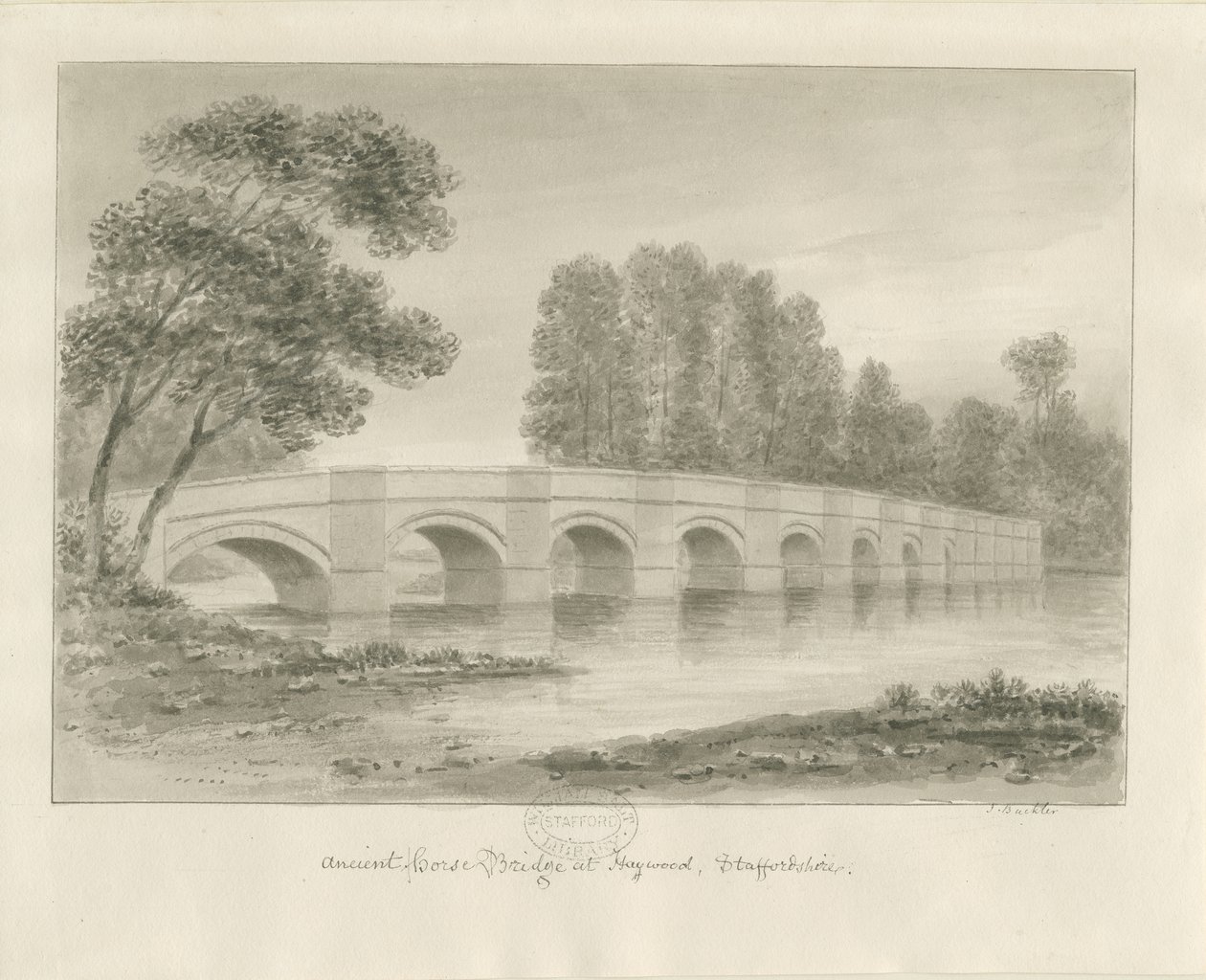 Shugborough Bridge: sepiateckning, nd [?1840-talet] av John Buckler