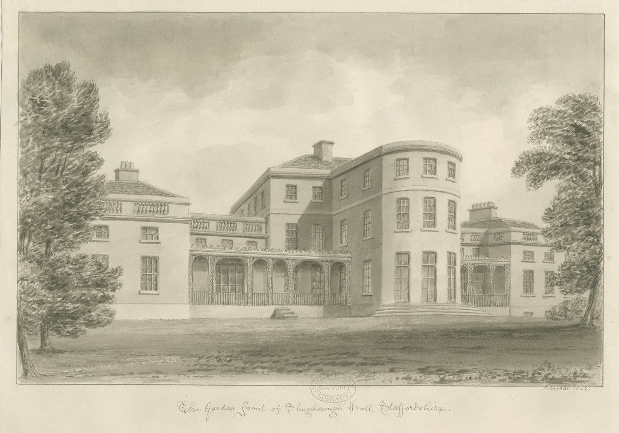 Shugborough Hall - Trädgårdsfront: sepiateckning, 1842 av John Buckler