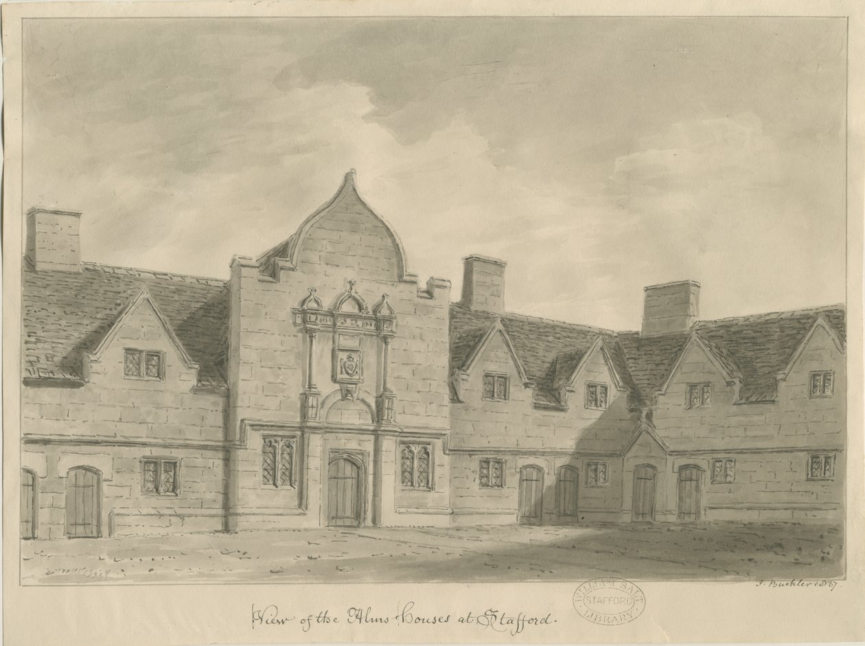 Stafford - Alms Houses: sepiateckning, 1837 av John Buckler