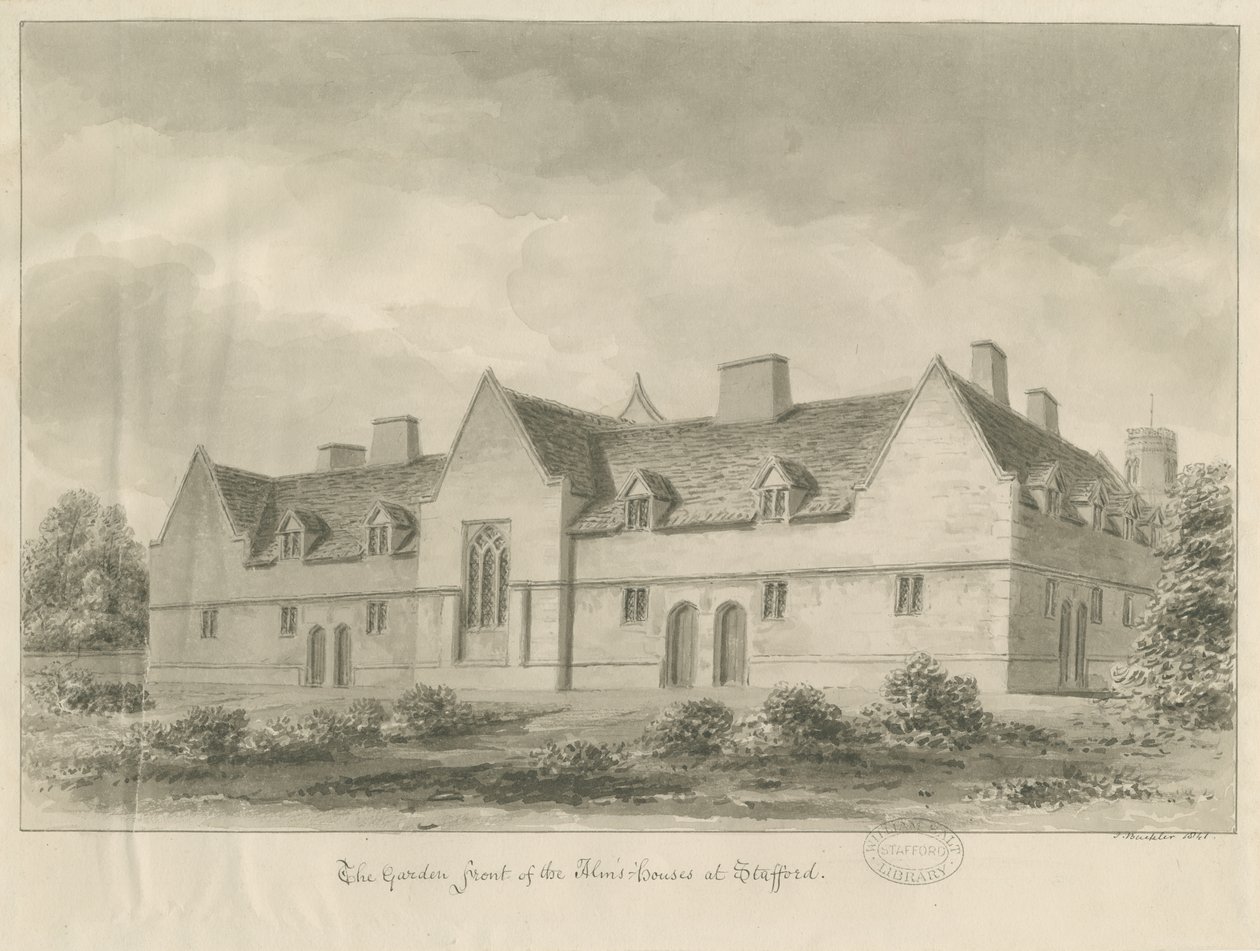 Stafford - Alms Houses: sepiateckning, 1841 av John Buckler