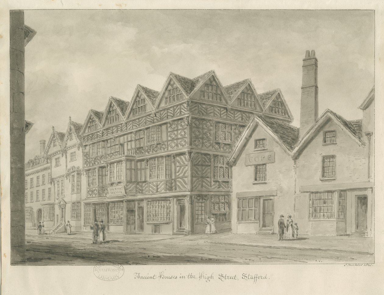 Stafford - Ancient "High House": sepiateckning, 1841 av John Buckler