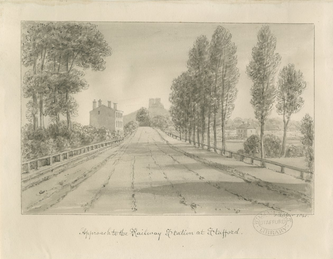 Stafford - Approach to Railway Station: sepia ritning av John Buckler