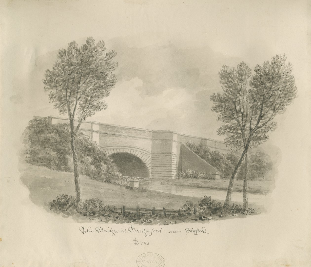 Stafford - Bridge at Bridgeford: sepiateckning av John Buckler