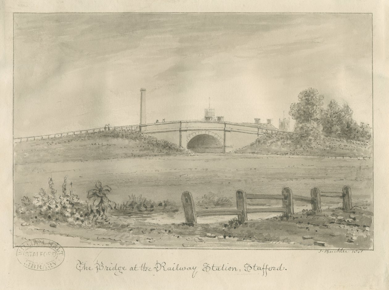 Stafford - Bridge at Railway Station: sepiateckning, 1841 av John Buckler