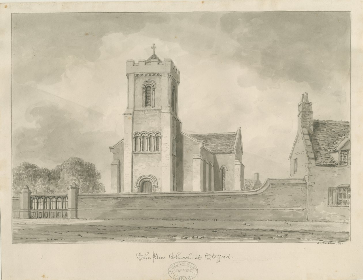 Stafford - Christ Church: sepiateckning, 1840 av John Buckler