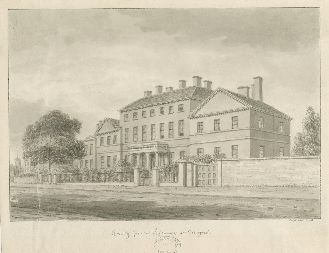 Stafford - County General Infirmary: sepia ritning av John Buckler
