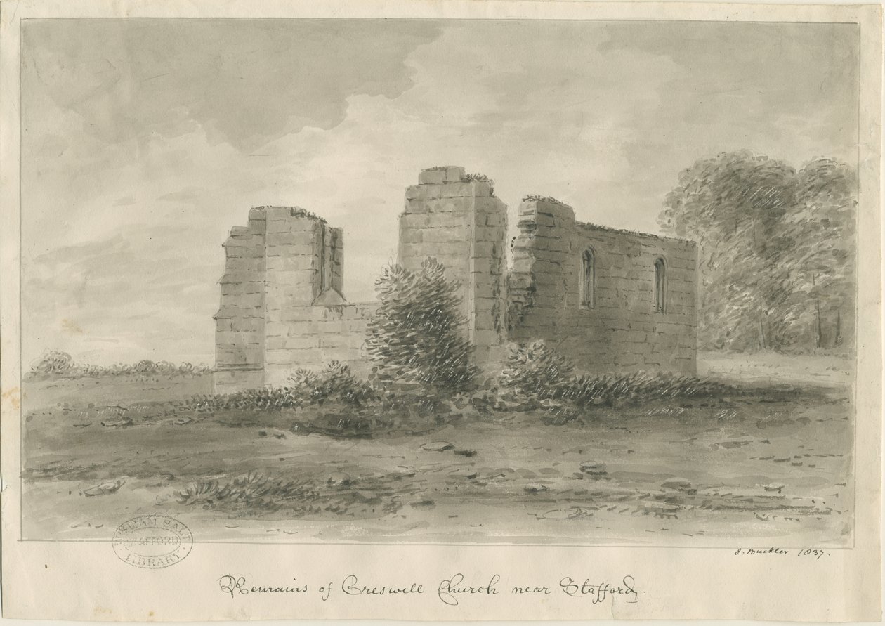 Stafford - Creswell Chapel: sepiateckning, 1837 av John Buckler