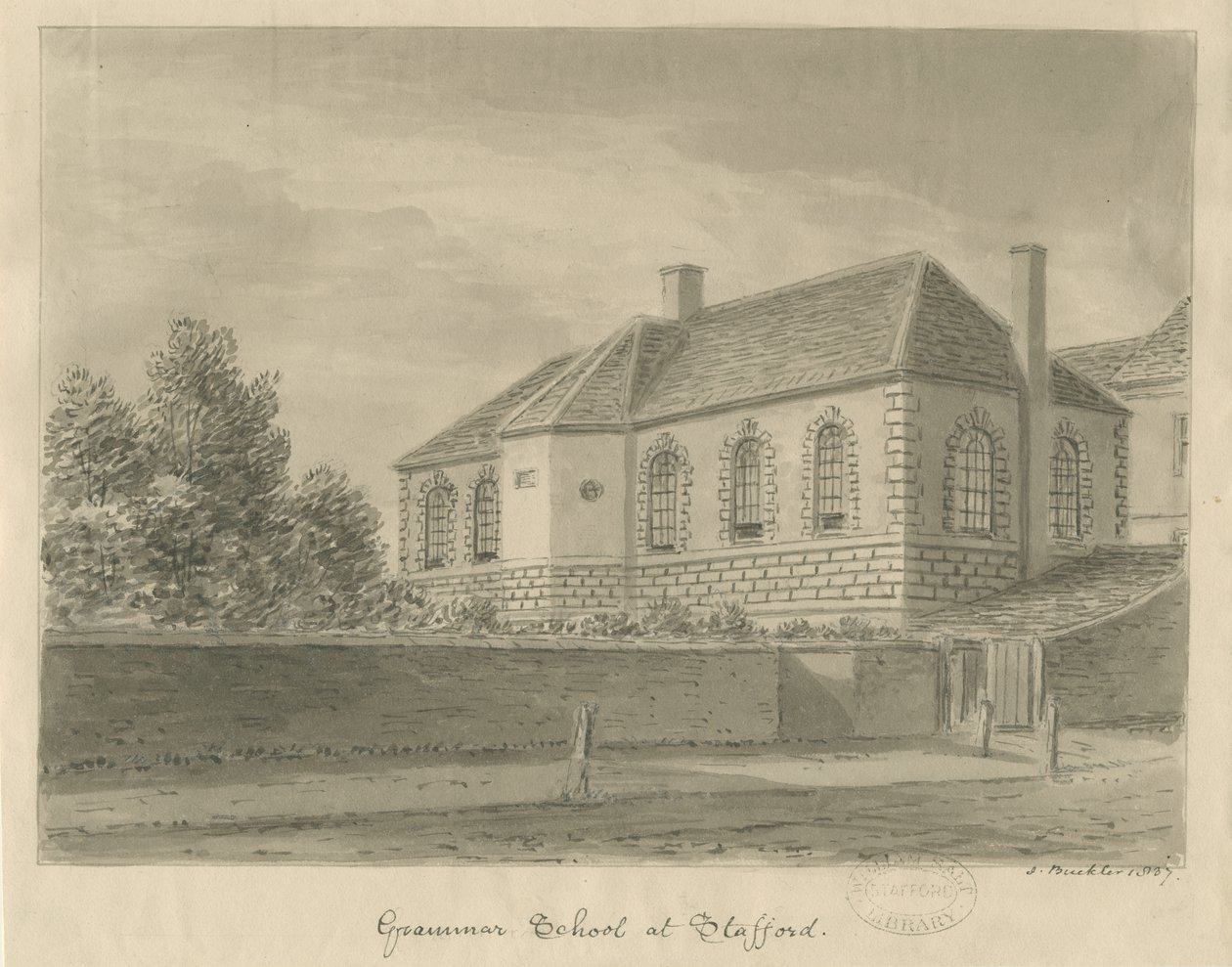 Stafford - Grammar School: sepiateckning, 1837 av John Buckler