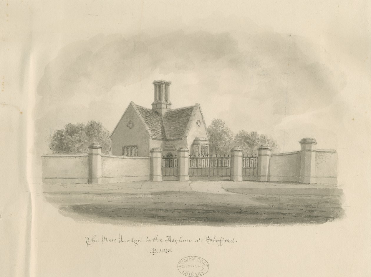 Stafford - New Lodge to the Asylum: sepiateckning, 1843 av John Buckler