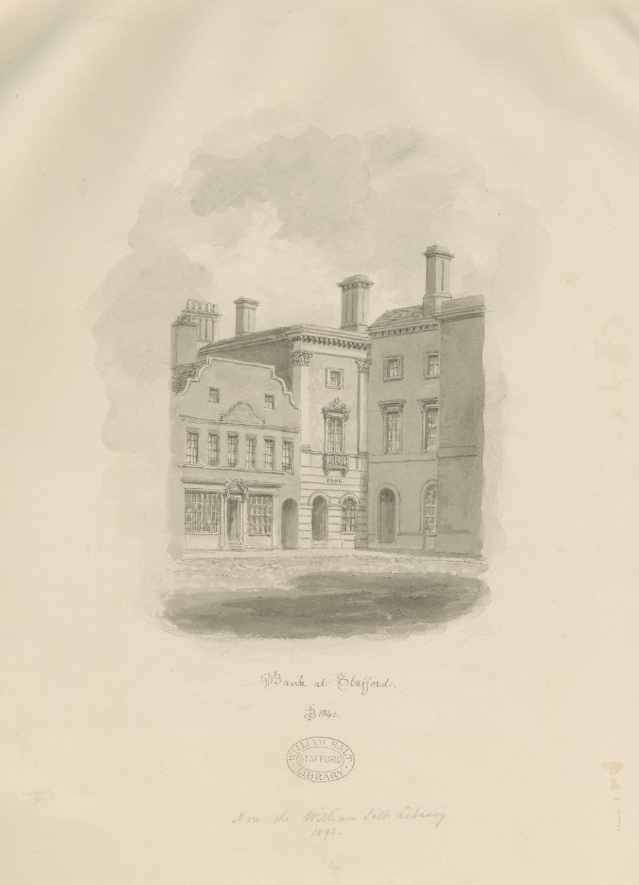 Stafford - Old Bank in Market Square: sepiateckning av John Buckler
