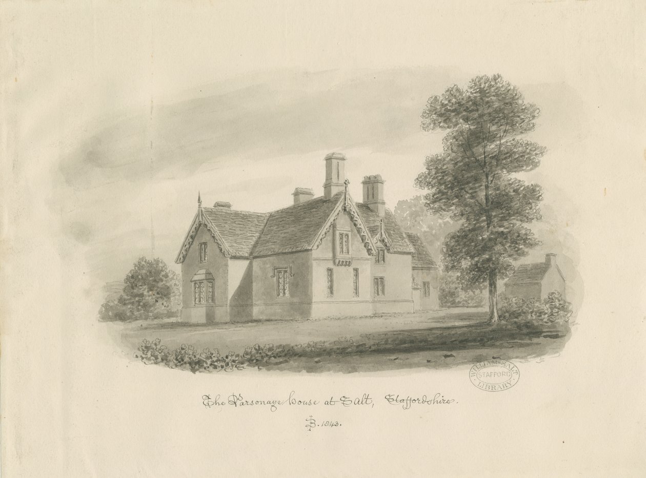 Stafford - Parsonage House at Salt: sepiateckning (vinjeterad) av John Buckler