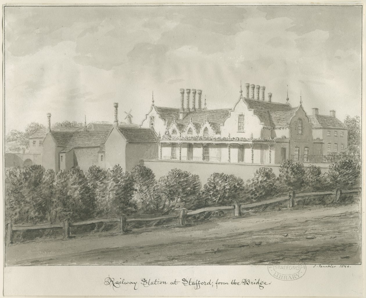 Stafford - Järnvägsstation: sepiateckning, 1844 av John Buckler