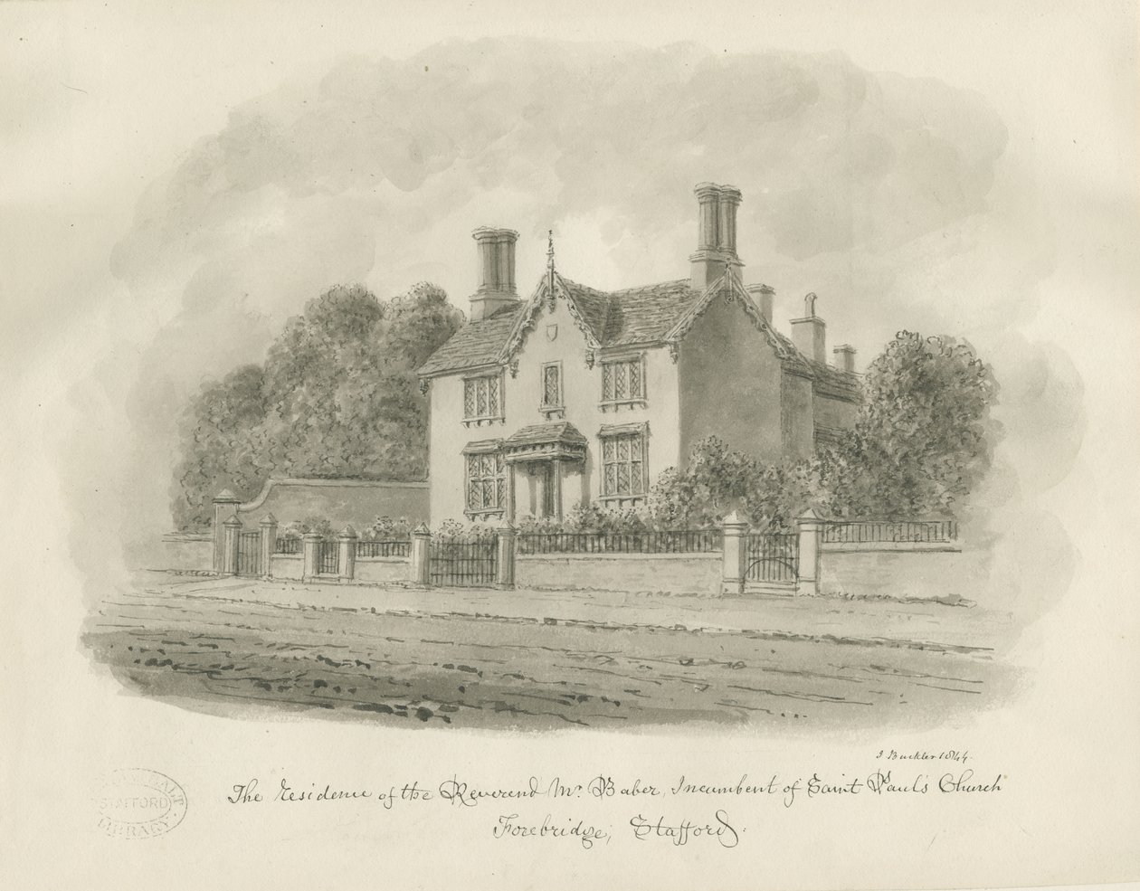 Stafford - Reverend Babers residens: sepiateckning, 1844 av John Buckler