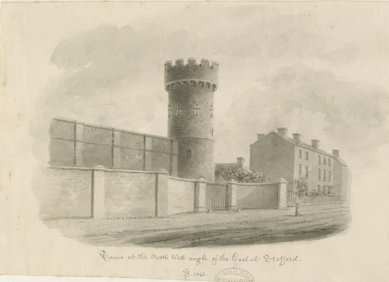 Stafford - Round Tower of the Gaol: sepiateckning, 1843 av John Buckler