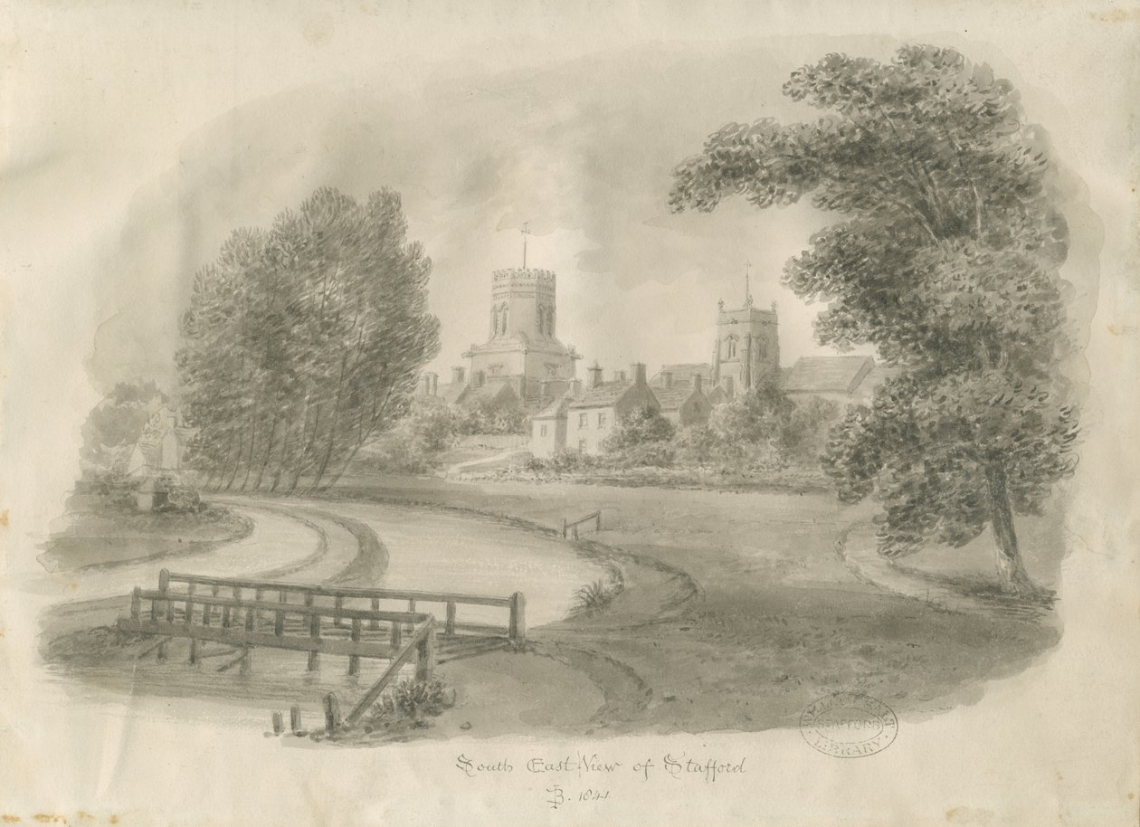Stafford - South East View: sepiateckning av John Buckler