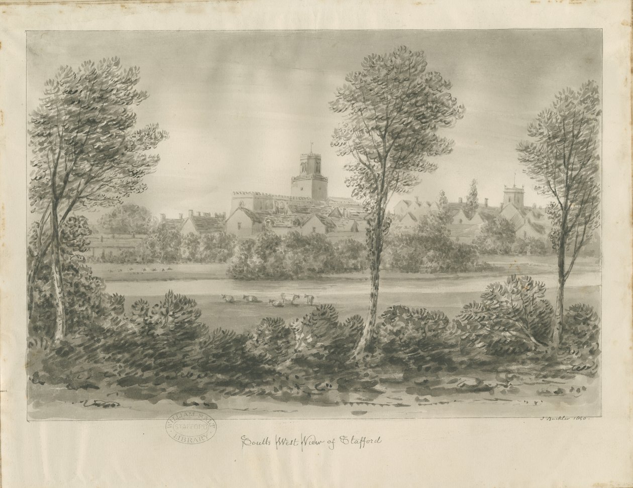 Stafford - South West View: sepiateckning av John Buckler