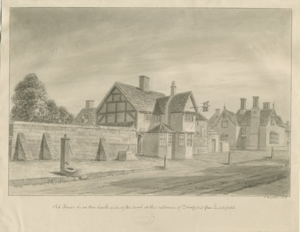 Stafford - [The White Lion Inn]: sepiateckning, 1842 av John Buckler