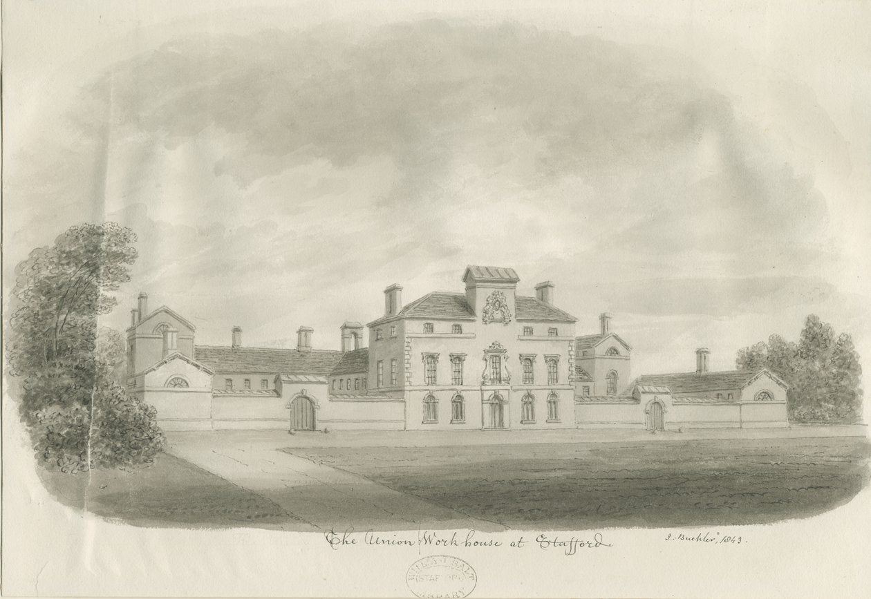 Stafford - Union Workhouse: sepiateckning av John Buckler